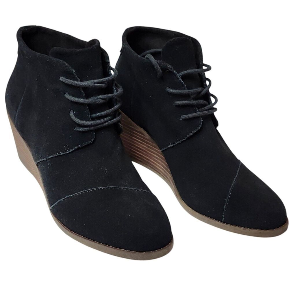 TOMS Women's Hyde Suede Wide Cushioned Wedge Black‎ Lace-up Ankle Bootie Sz W 7